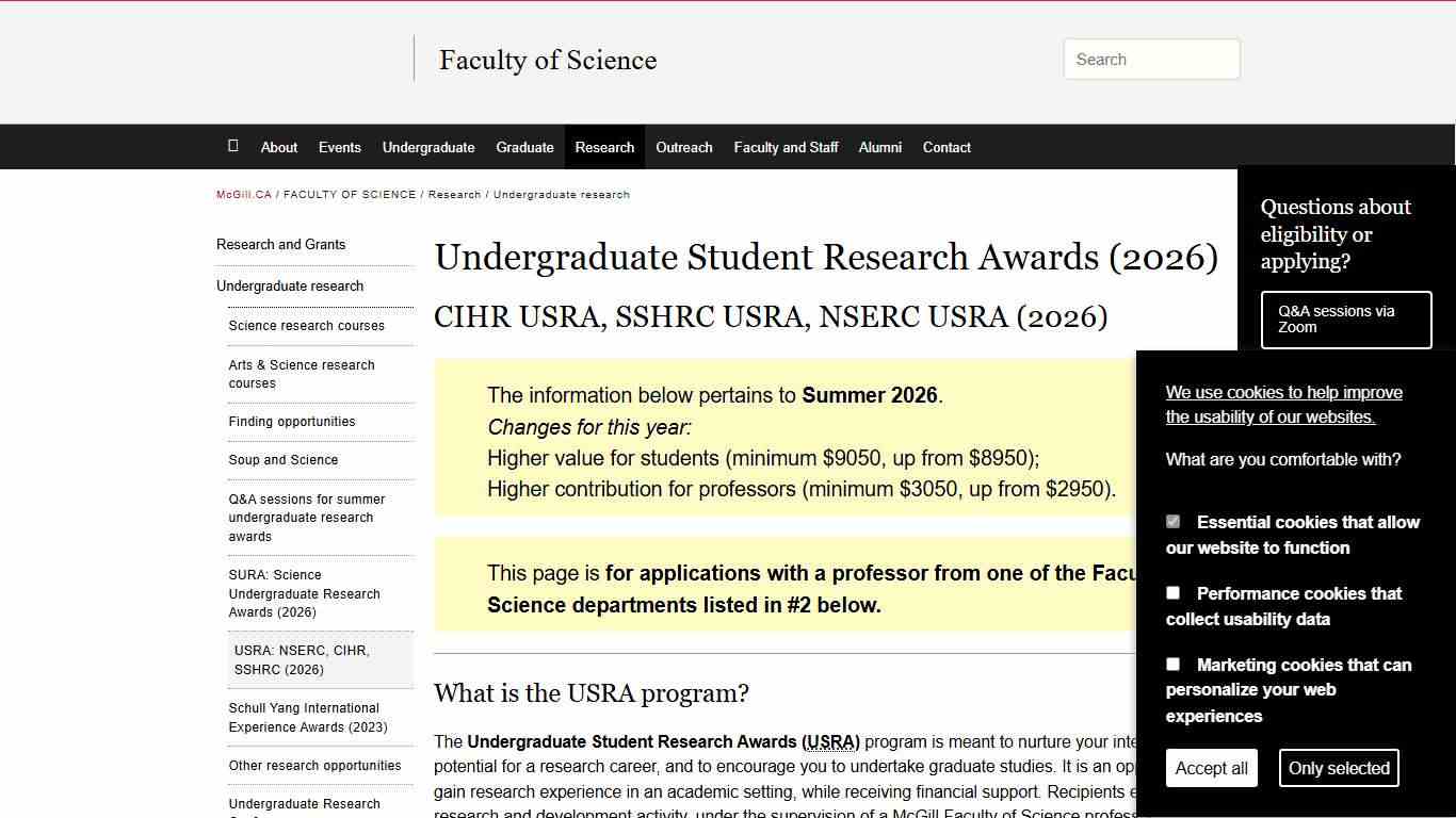 Undergraduate Student Research Awards (2026) Faculty of Science - McGill University